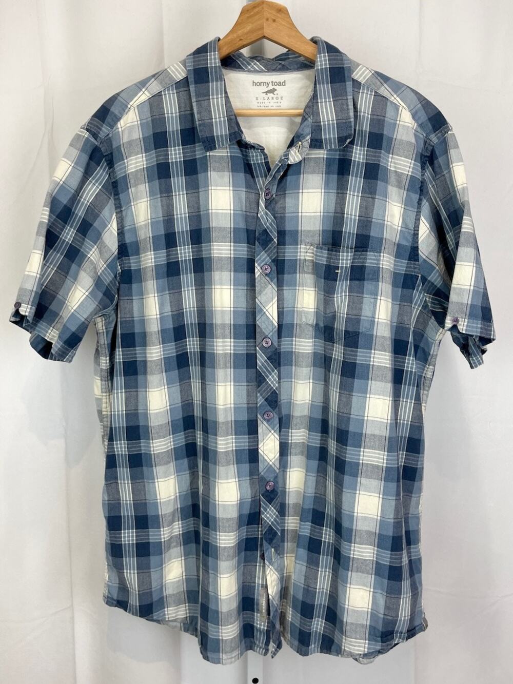 HORNY TOAD & Co XL Weldon Short Sleeve Shirt Plaid Button Up Organic Cotton Blue